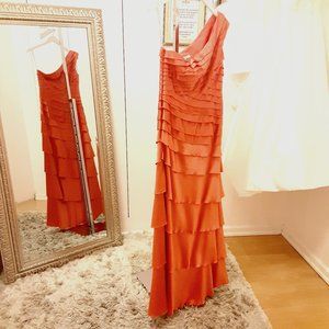 Kay Unger Autumn Orange Floor Tiered Formal Gown